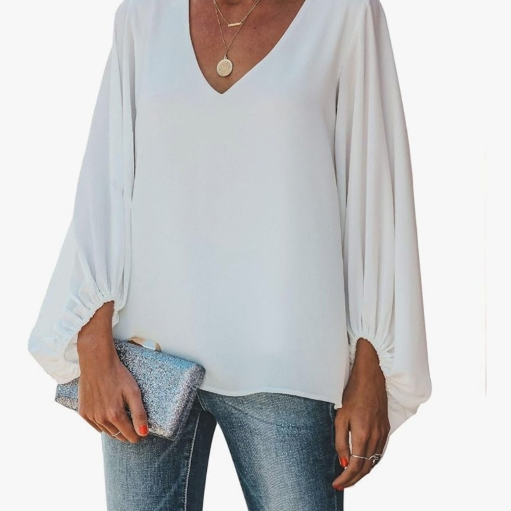 Botanmu Elegant White V-Neck Semi Sheer Blouse Size XL